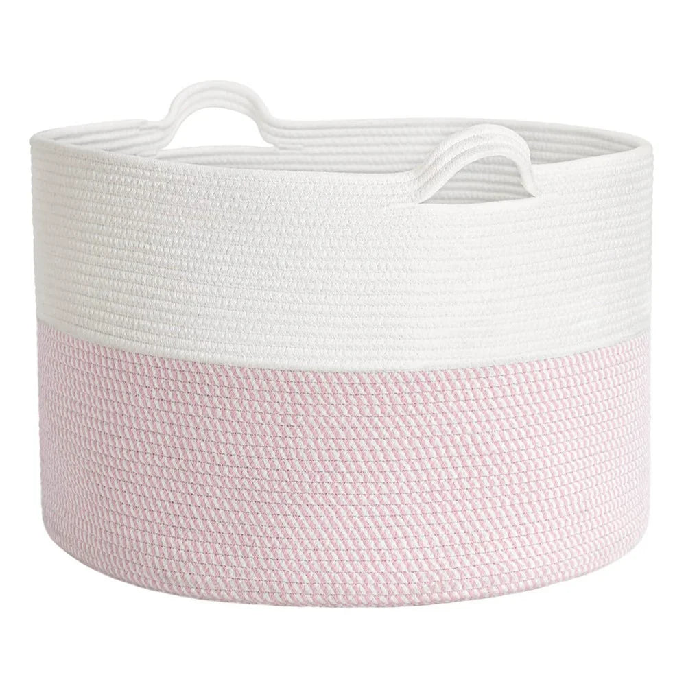 AB-019 Extra Large Dirty Clothes Blankets Toys Storage Basket Cotton Rope Round Laundry Basket - White+Pink+White - 1