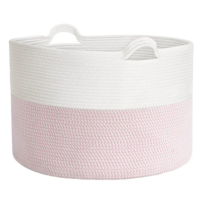 AB-019 Extra Large Dirty Clothes Blankets Toys Storage Basket Cotton Rope Round Laundry Basket - White+Pink+White - 1