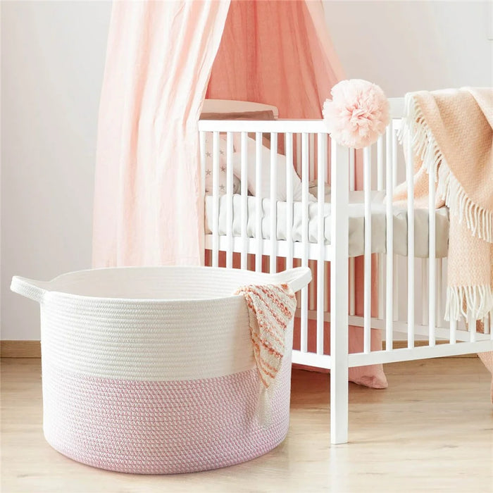 AB-019 Extra Large Dirty Clothes Blankets Toys Storage Basket Cotton Rope Round Laundry Basket - White+Pink+White - 2