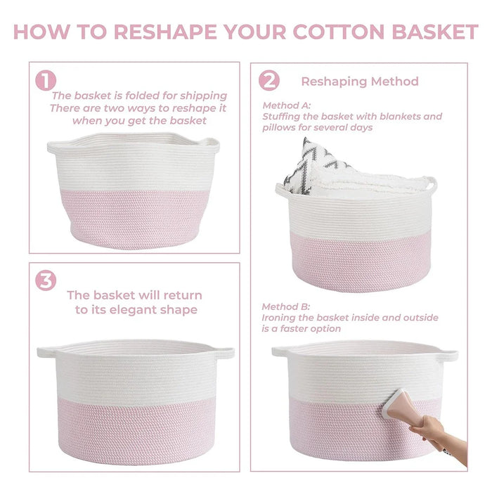 AB-019 Extra Large Dirty Clothes Blankets Toys Storage Basket Cotton Rope Round Laundry Basket - White+Pink+White - 6