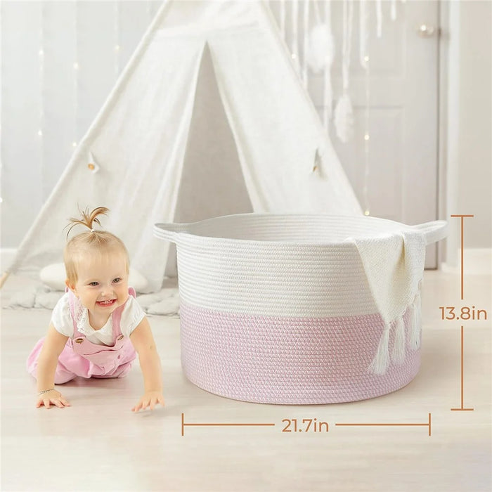AB-019 Extra Large Dirty Clothes Blankets Toys Storage Basket Cotton Rope Round Laundry Basket - White+Pink+White - 7