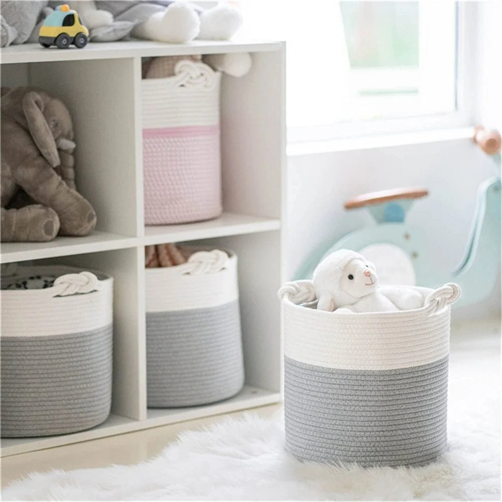 AB-026 Color Splicing Cotton Rope Storage Basket Toys Clothes Sundries Storage Basket - White+Light Grey - 2
