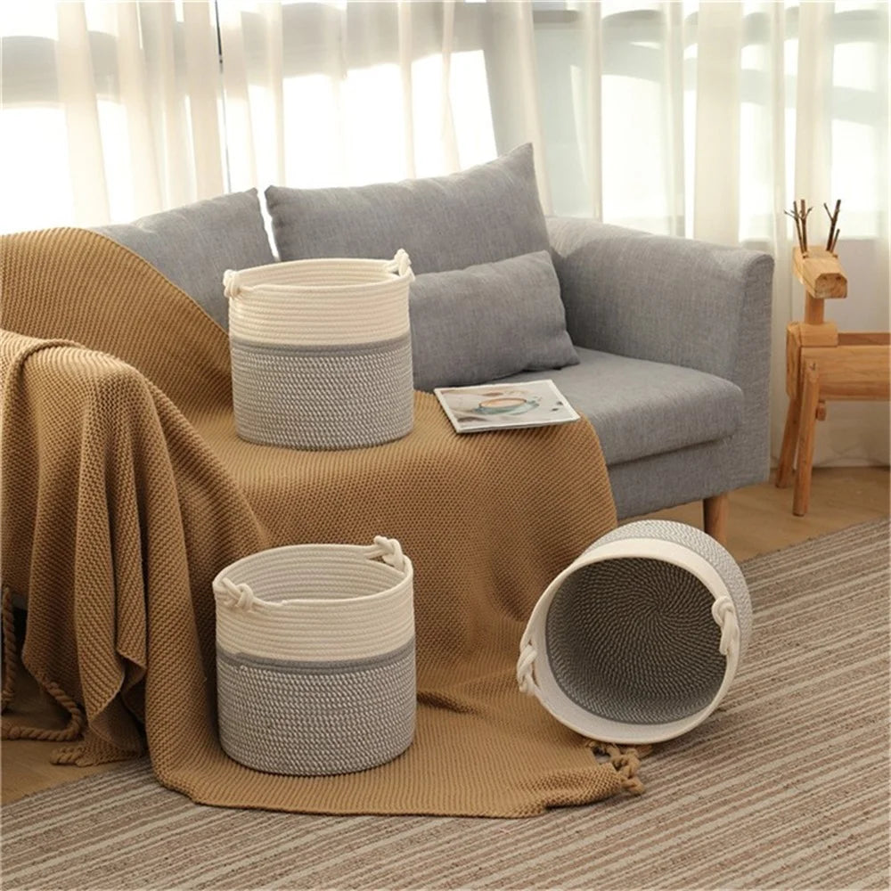AB-026 Color Splicing Cotton Rope Storage Basket Toys Clothes Sundries Storage Basket - White+Light Grey - 3