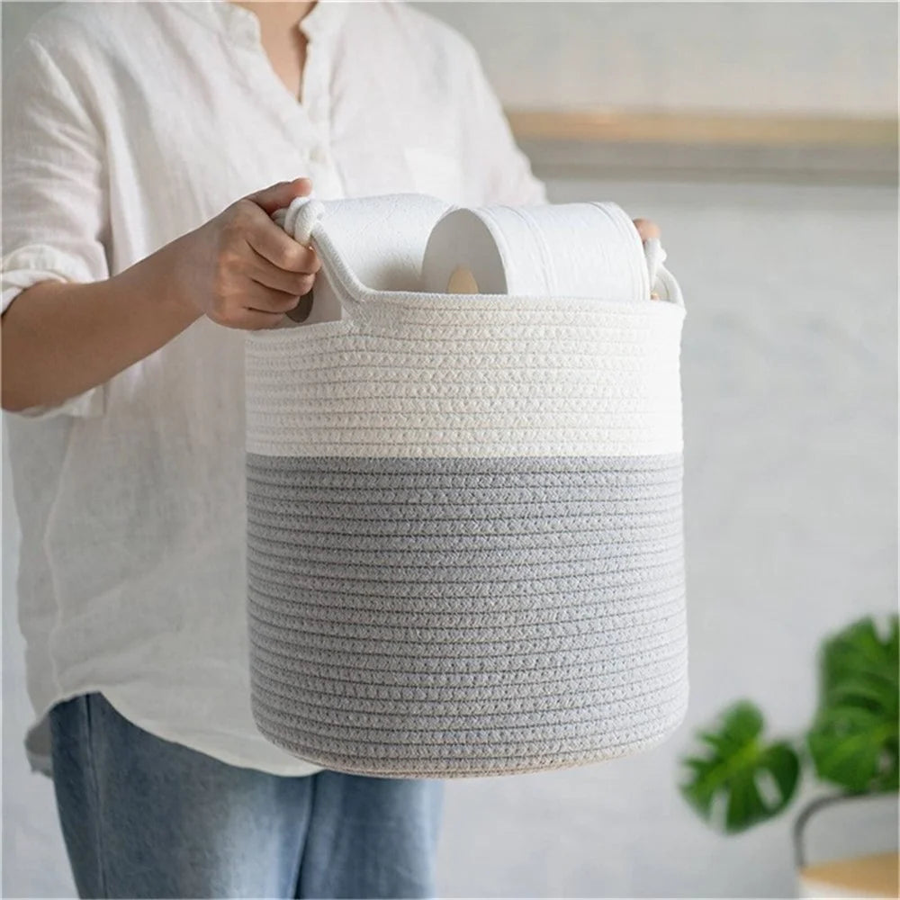 AB-026 Color Splicing Cotton Rope Storage Basket Toys Clothes Sundries Storage Basket - White+Light Grey - 5