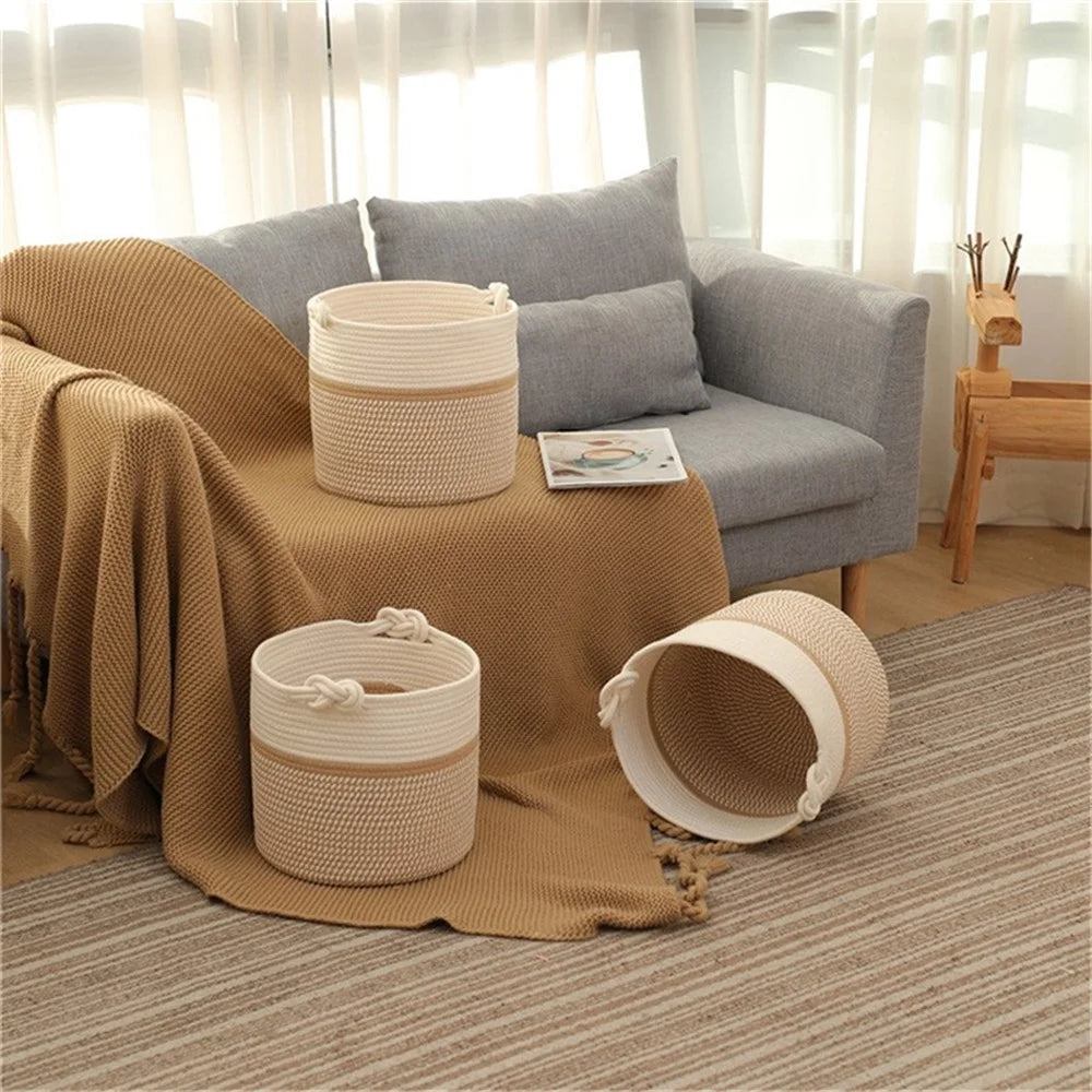 AB-026 Color Splicing Cotton Rope Storage Basket Toys Clothes Sundries Storage Basket - White+Light Grey - 6