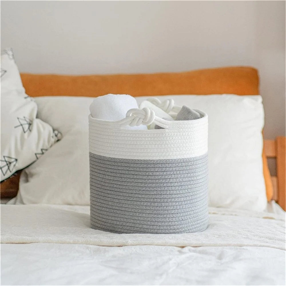 AB-026 Color Splicing Cotton Rope Storage Basket Toys Clothes Sundries Storage Basket - White+Light Grey - 7