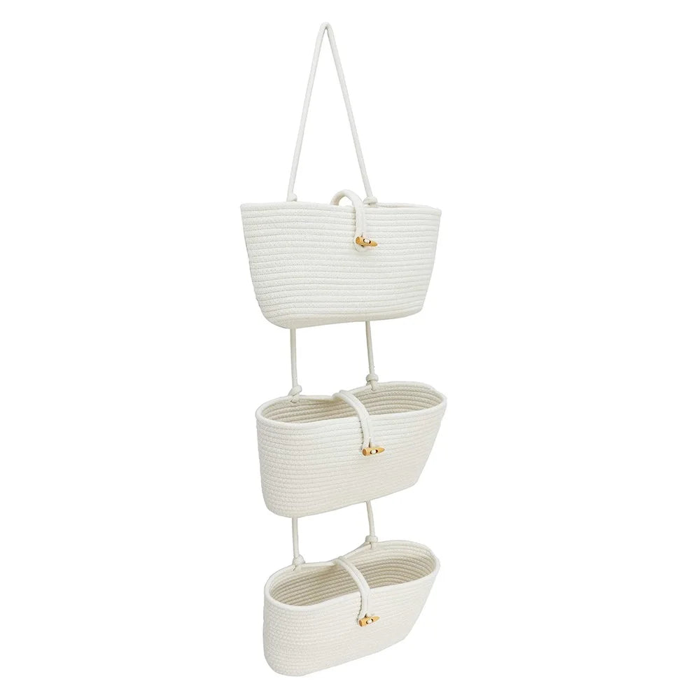 AB-037 3-layer Cotton Rope Storage Basket Button Design Wall Door Hanging Storage Basket - White - 1