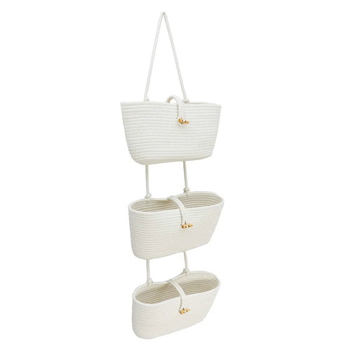 AB-037 3-layer Cotton Rope Storage Basket Button Design Wall Door Hanging Storage Basket - White - 1