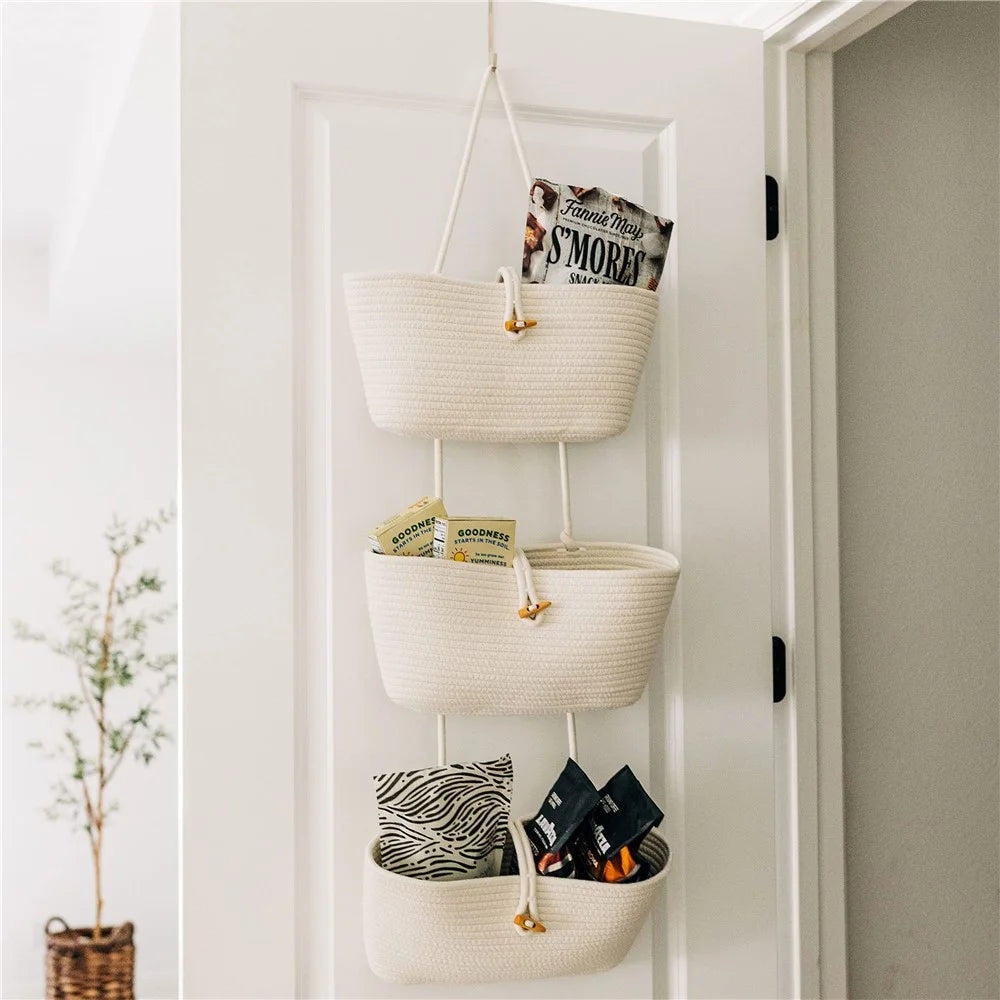 AB-037 3-layer Cotton Rope Storage Basket Button Design Wall Door Hanging Storage Basket - White - 3