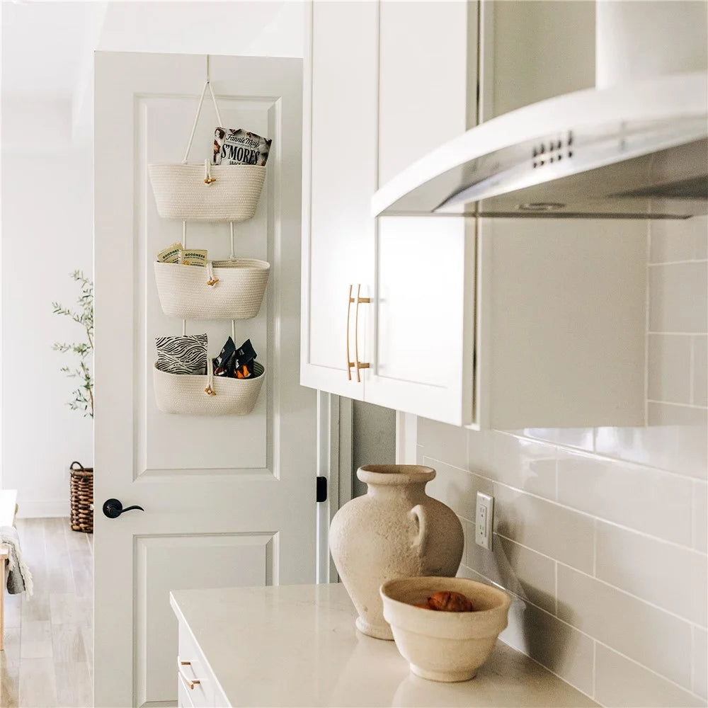 AB-037 3-layer Cotton Rope Storage Basket Button Design Wall Door Hanging Storage Basket - White - 4