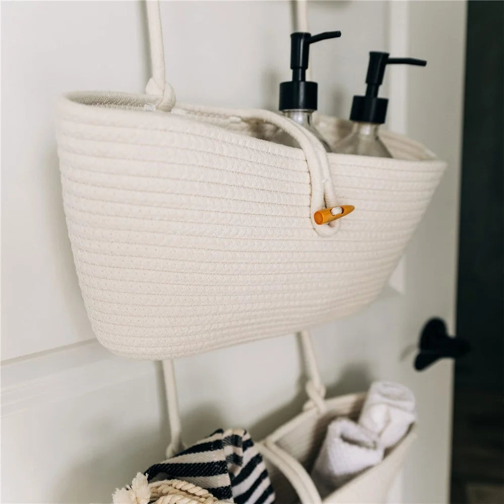 AB-037 3-layer Cotton Rope Storage Basket Button Design Wall Door Hanging Storage Basket - White - 5