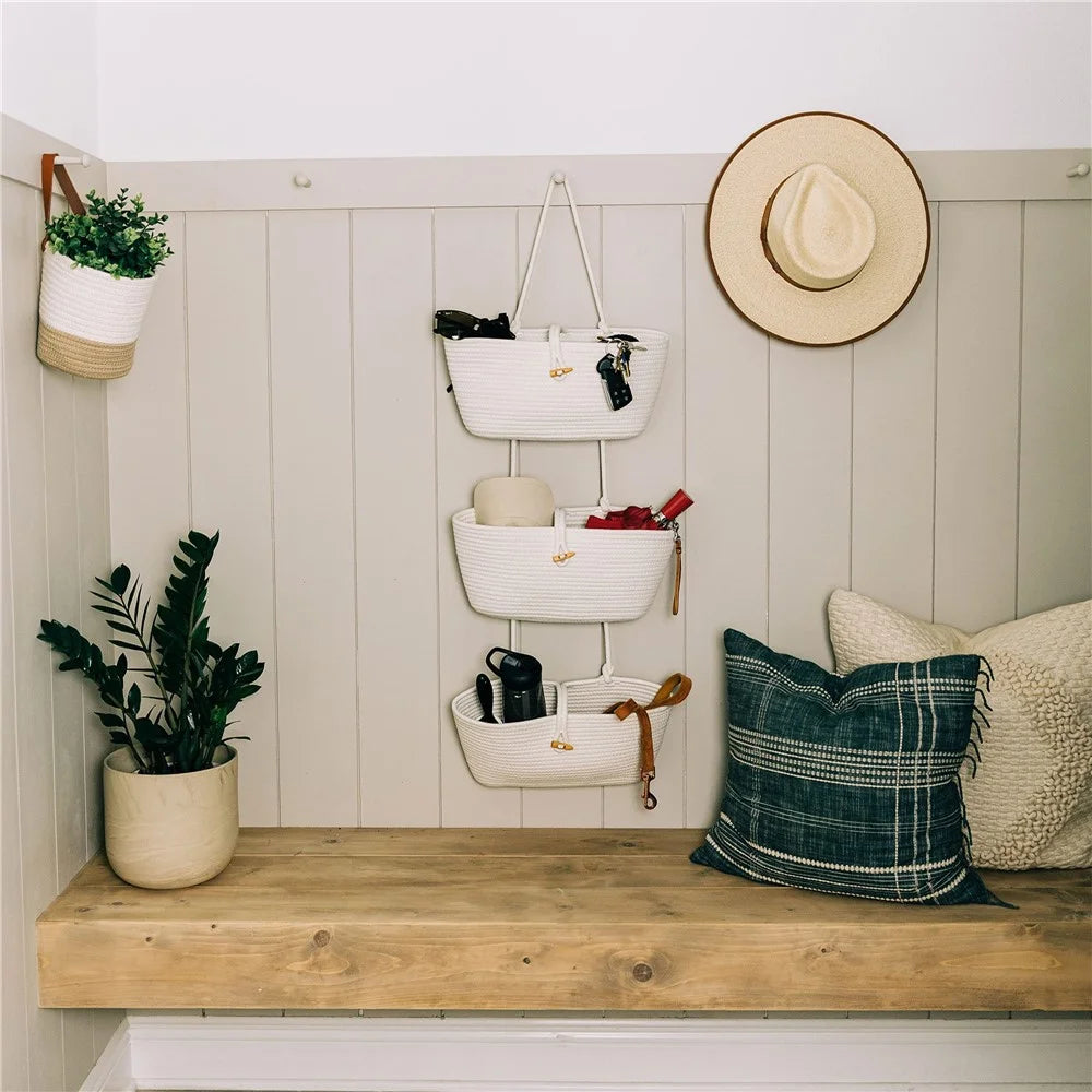 AB-037 3-layer Cotton Rope Storage Basket Button Design Wall Door Hanging Storage Basket - White - 7
