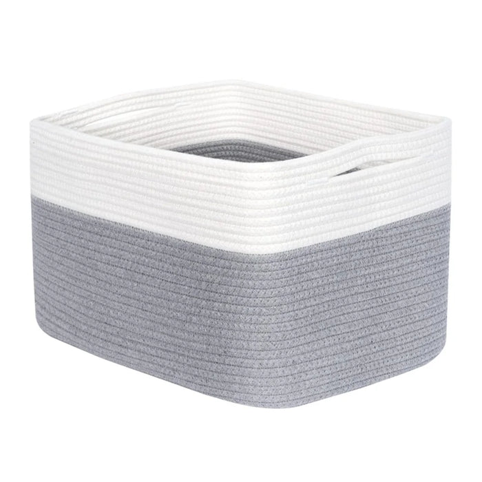 AB-085 Cotton Rope Storage Basket for Toys Magazine Dual Handle Sundries Organizer Basket - White+Light Grey - 1
