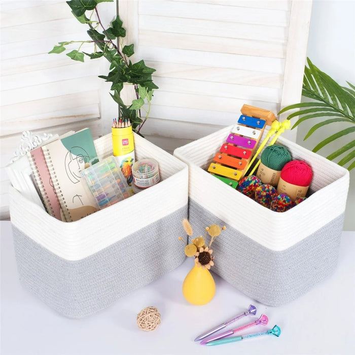 AB-085 Cotton Rope Storage Basket for Toys Magazine Dual Handle Sundries Organizer Basket - White+Light Grey - 3