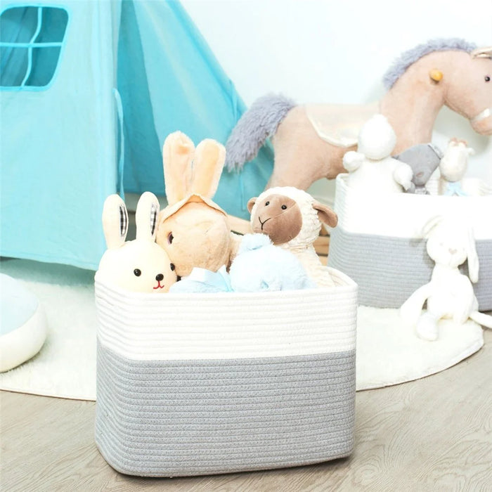 AB-085 Cotton Rope Storage Basket for Toys Magazine Dual Handle Sundries Organizer Basket - White+Light Grey - 5