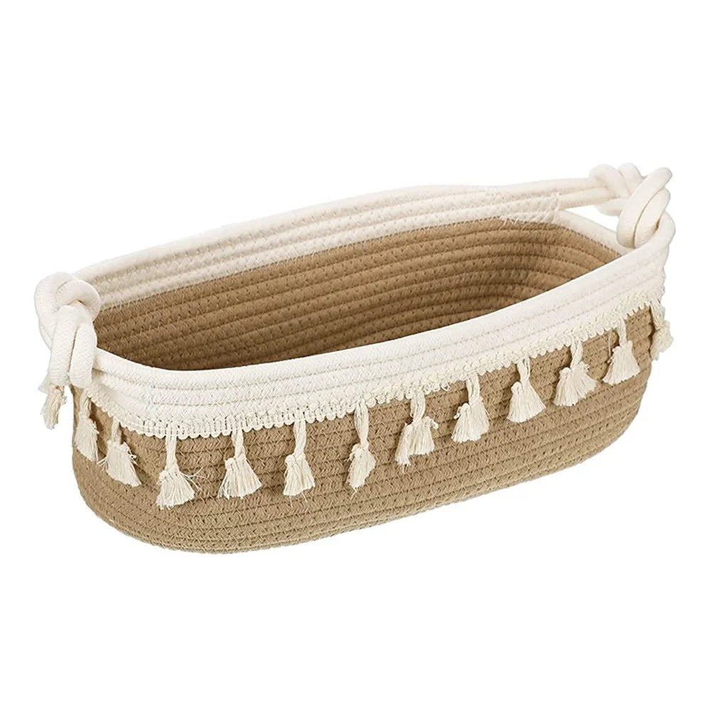 AB-042 Toys Storage Basket Tassels Decor Cotton Rope Woven Organizer Box for Shampoo, Towel - Light Brown - 1