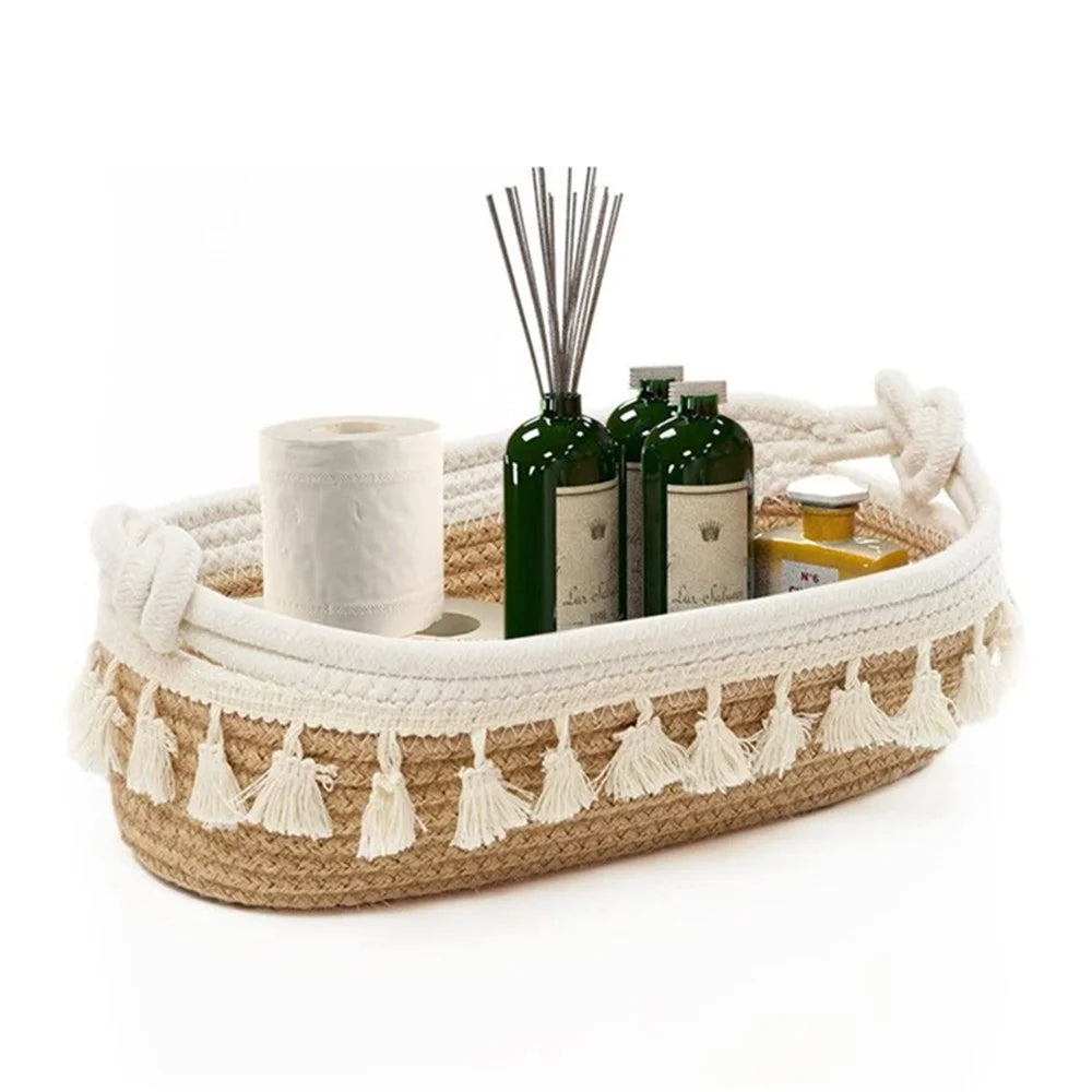 AB-042 Toys Storage Basket Tassels Decor Cotton Rope Woven Organizer Box for Shampoo, Towel - Light Brown - 2