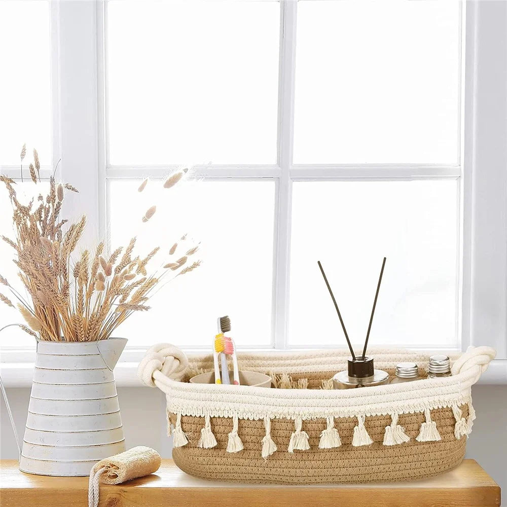 AB-042 Toys Storage Basket Tassels Decor Cotton Rope Woven Organizer Box for Shampoo, Towel - Light Brown - 3