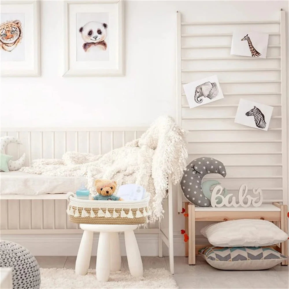 AB-042 Toys Storage Basket Tassels Decor Cotton Rope Woven Organizer Box for Shampoo, Towel - Light Brown - 5