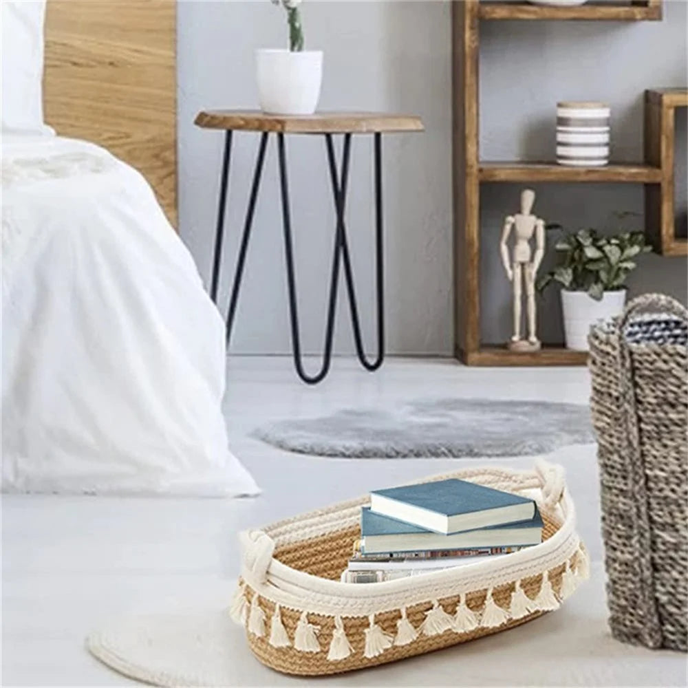 AB-042 Toys Storage Basket Tassels Decor Cotton Rope Woven Organizer Box for Shampoo, Towel - Light Brown - 7