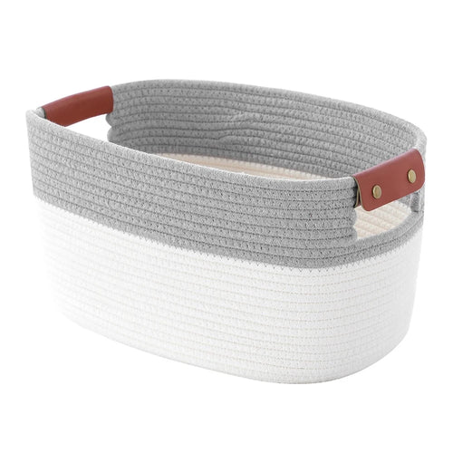 AB-028 Home Decoration Books Storage Bin Storage Box Woven Cotton Rope Basket Organizer for Toys, Magazines - White+Grey - 1
