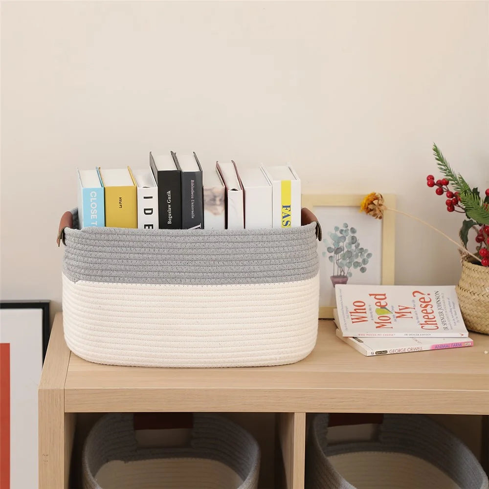 AB-028 Home Decoration Books Storage Bin Storage Box Woven Cotton Rope Basket Organizer for Toys, Magazines - White+Grey - 4