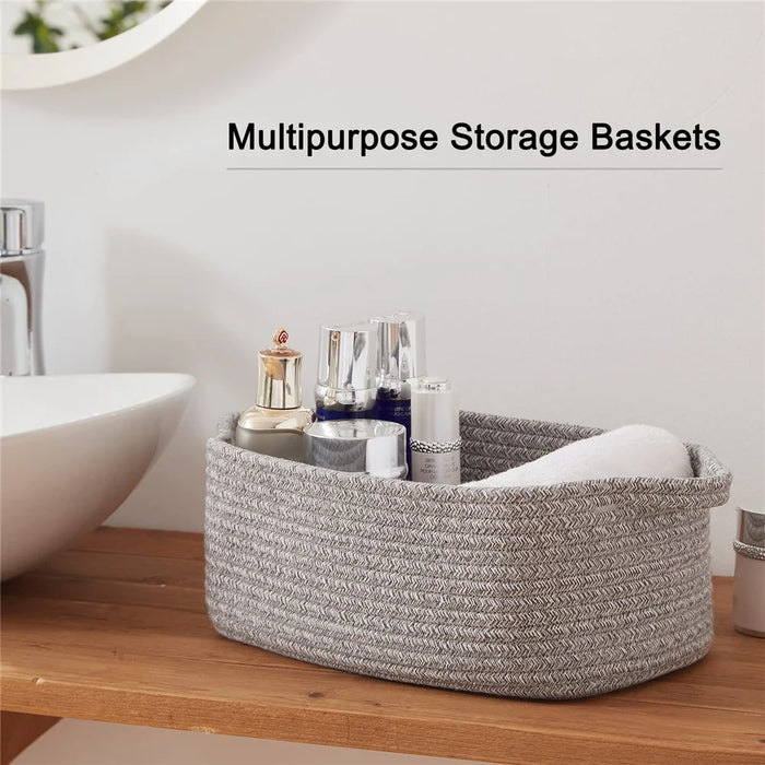 AB-096 Decorative Storage Box Woven Cotton Rope Basket for Toy, Makeup, Shampoo, Lotion, Book - Grey - 2