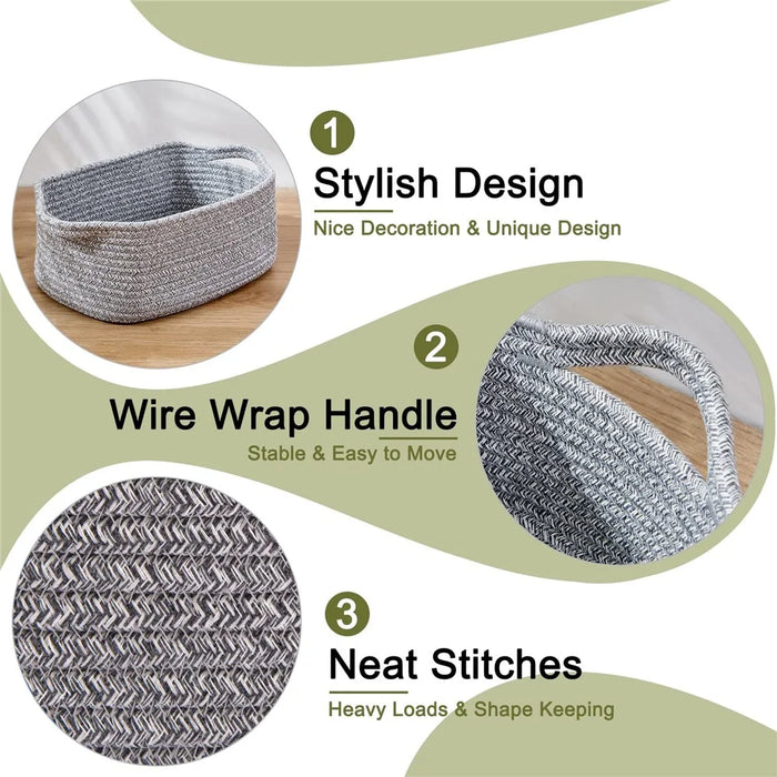 AB-096 Decorative Storage Box Woven Cotton Rope Basket for Toy, Makeup, Shampoo, Lotion, Book - Grey - 6
