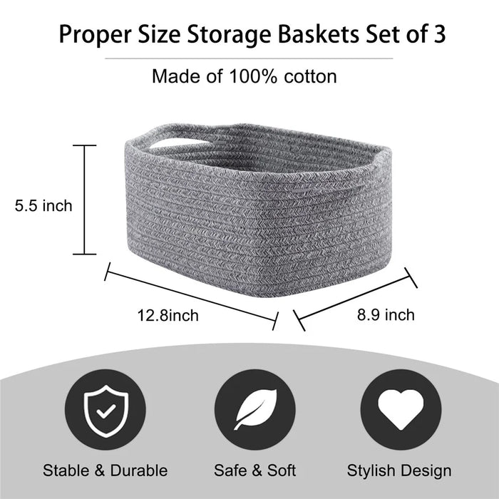 AB-096 Decorative Storage Box Woven Cotton Rope Basket for Toy, Makeup, Shampoo, Lotion, Book - Grey - 7