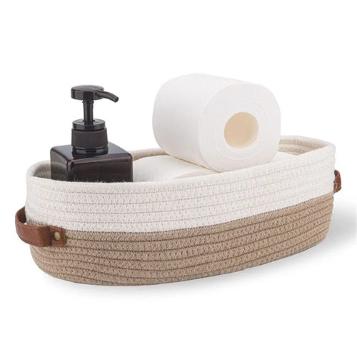 AB-041 Bathroom Countertop Organizer Basket Cotton Rope Woven Storage Box Toilet Paper Holder Bin - White+Brown - 1