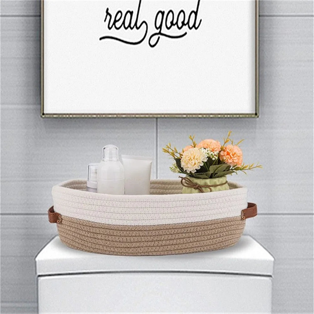 AB-041 Bathroom Countertop Organizer Basket Cotton Rope Woven Storage Box Toilet Paper Holder Bin - White+Brown - 2