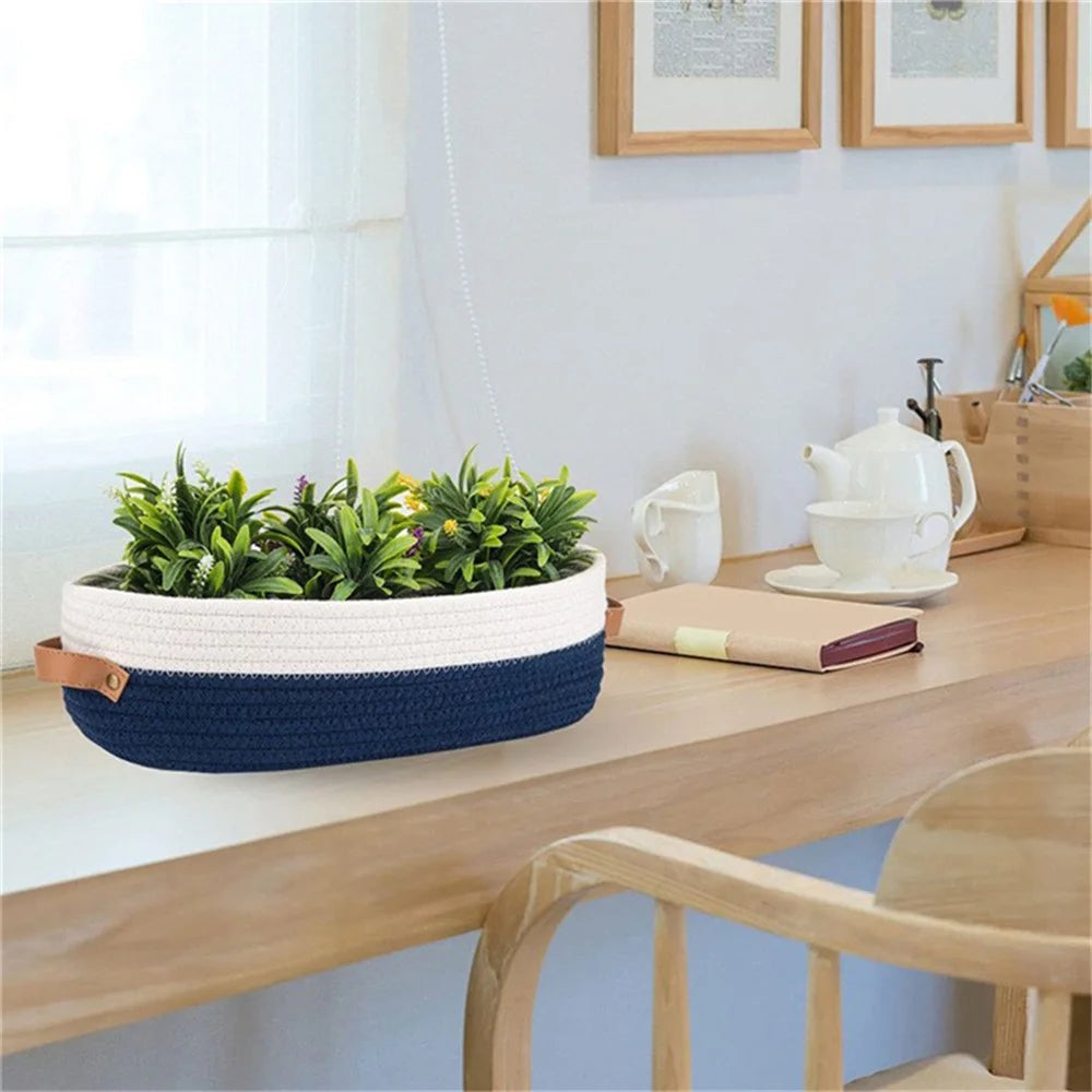 AB-041 Bathroom Countertop Organizer Basket Cotton Rope Woven Storage Box Toilet Paper Holder Bin - White+Brown - 3