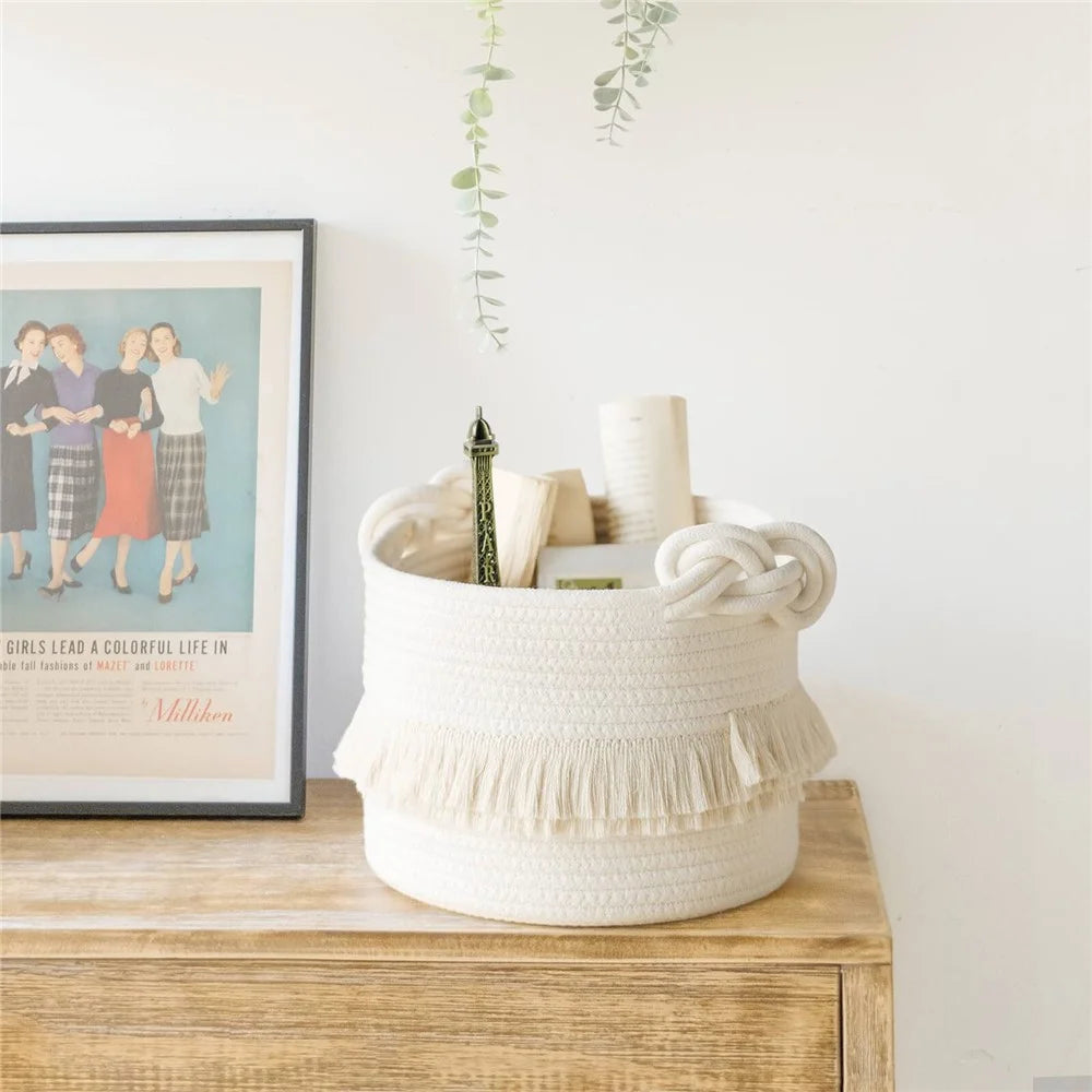AB-006 Tassel Decor Storage Box Woven Cotton Rope Basket Home Decoration Bin for Books, Toys - White - 2