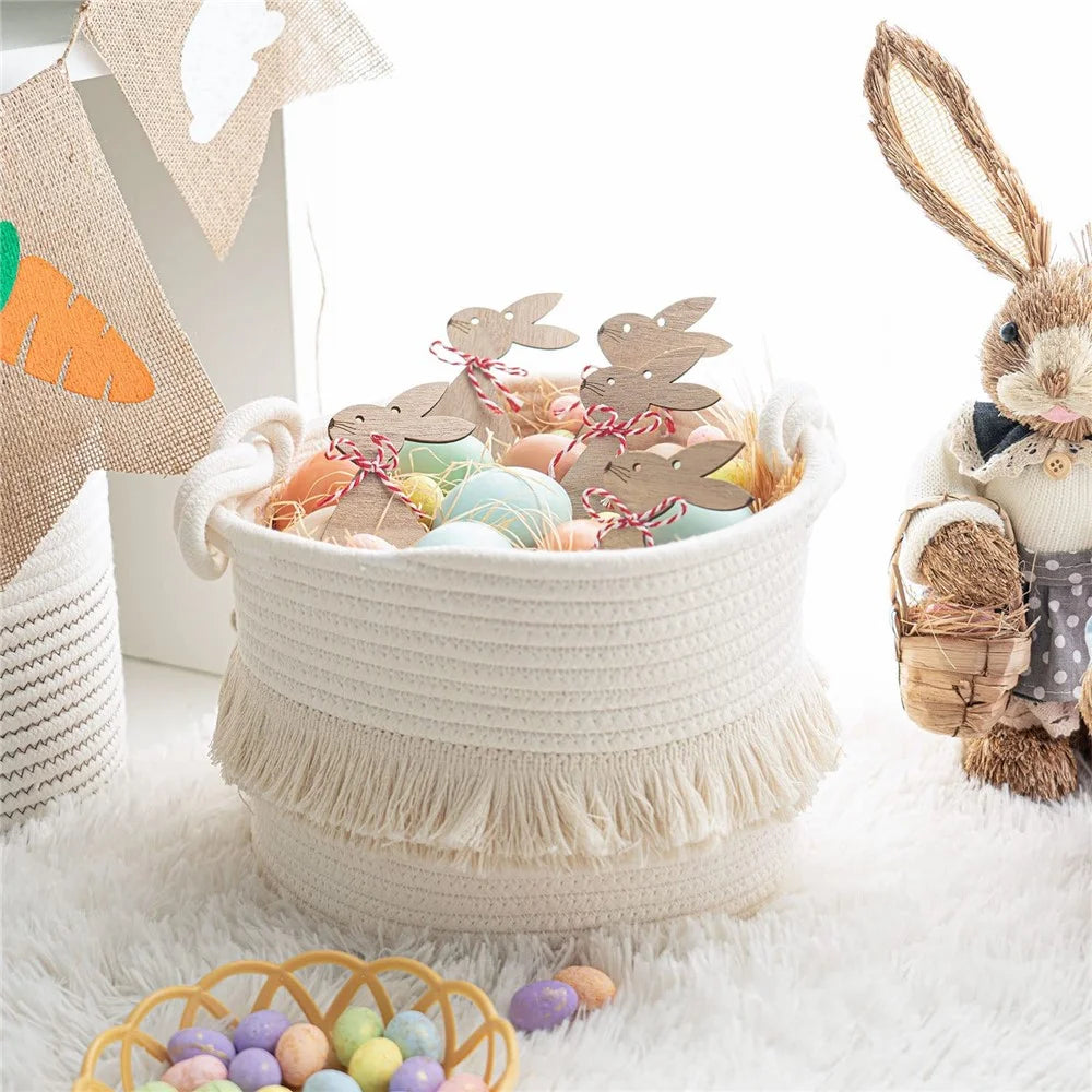 AB-006 Tassel Decor Storage Box Woven Cotton Rope Basket Home Decoration Bin for Books, Toys - White - 3