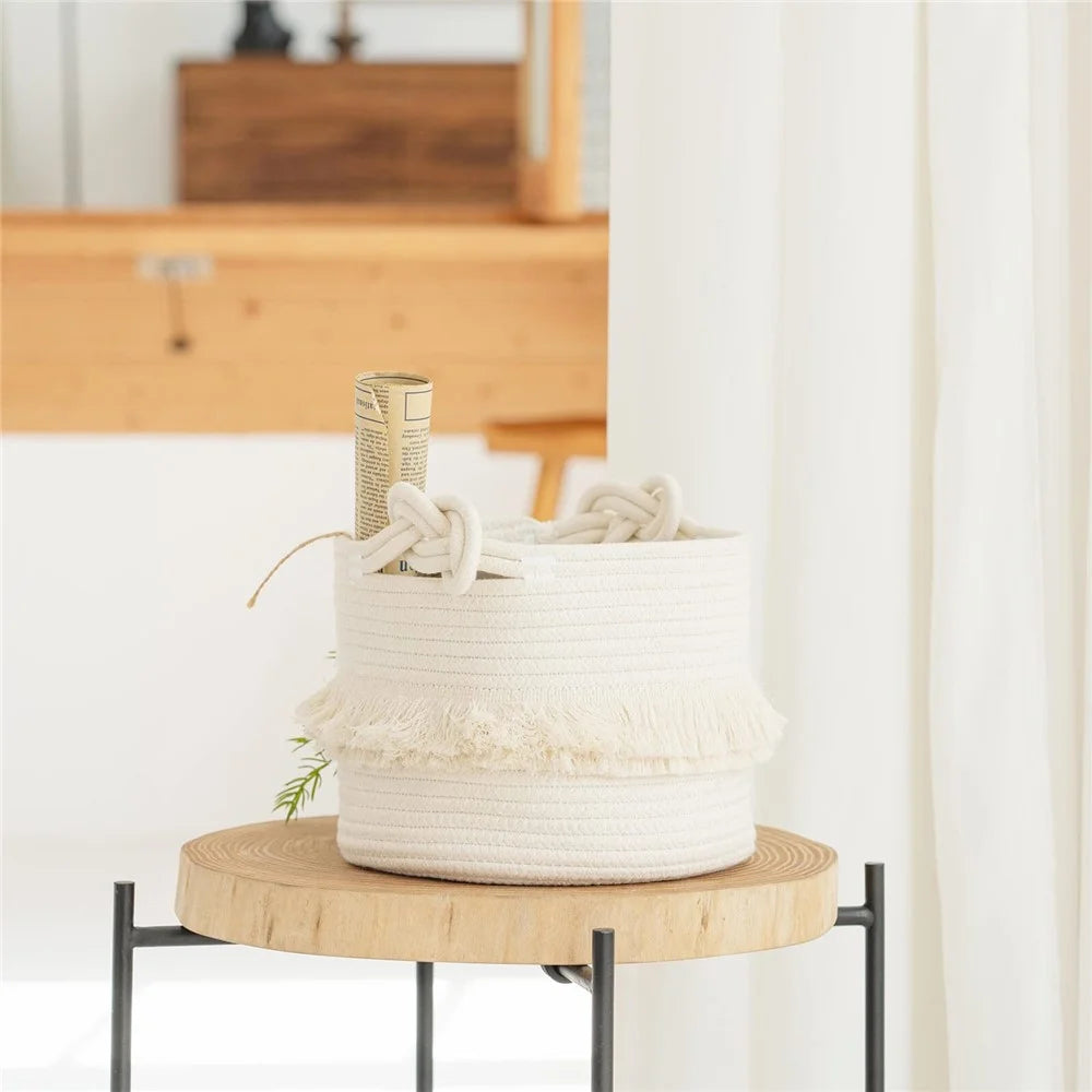 AB-006 Tassel Decor Storage Box Woven Cotton Rope Basket Home Decoration Bin for Books, Toys - White - 4