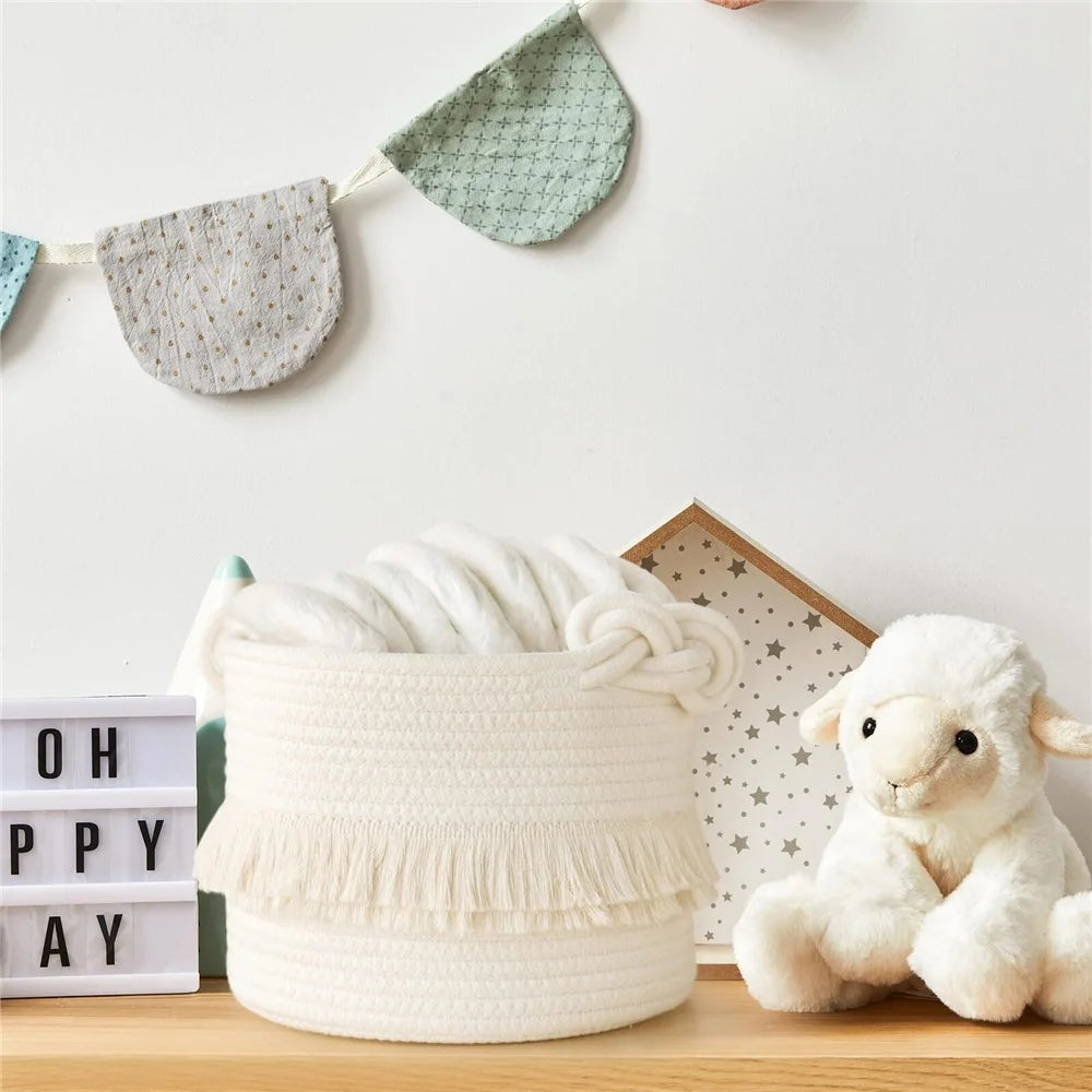 AB-006 Tassel Decor Storage Box Woven Cotton Rope Basket Home Decoration Bin for Books, Toys - White - 5