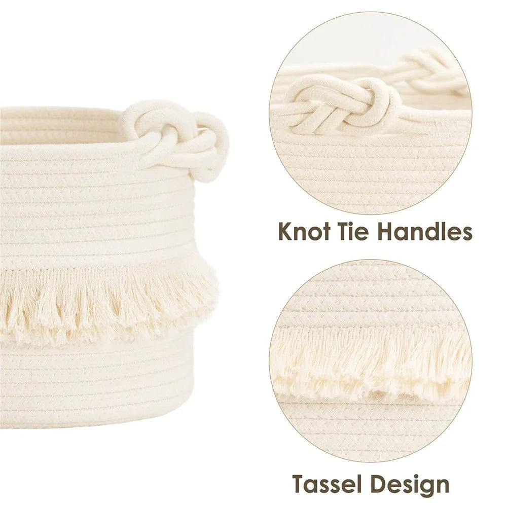 AB-006 Tassel Decor Storage Box Woven Cotton Rope Basket Home Decoration Bin for Books, Toys - White - 6