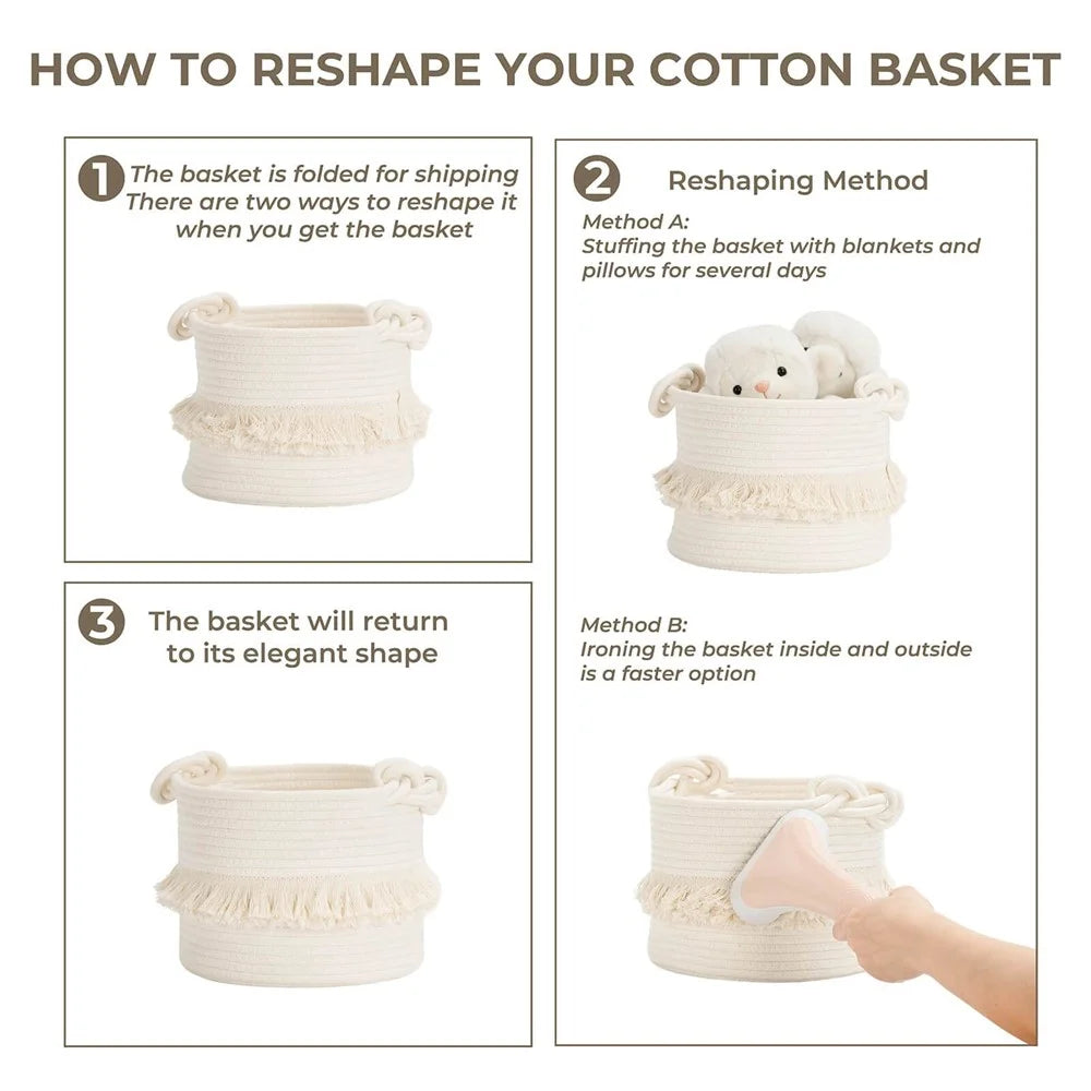 AB-006 Tassel Decor Storage Box Woven Cotton Rope Basket Home Decoration Bin for Books, Toys - White - 7