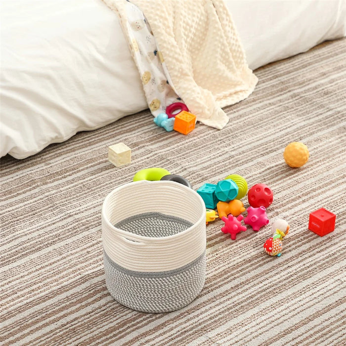 AB-005 Woven Cotton Rope Basket Baby Laundry Basket Toy Storage Blanket Storage Bin Nursery Storage Box - Light Grey - 2