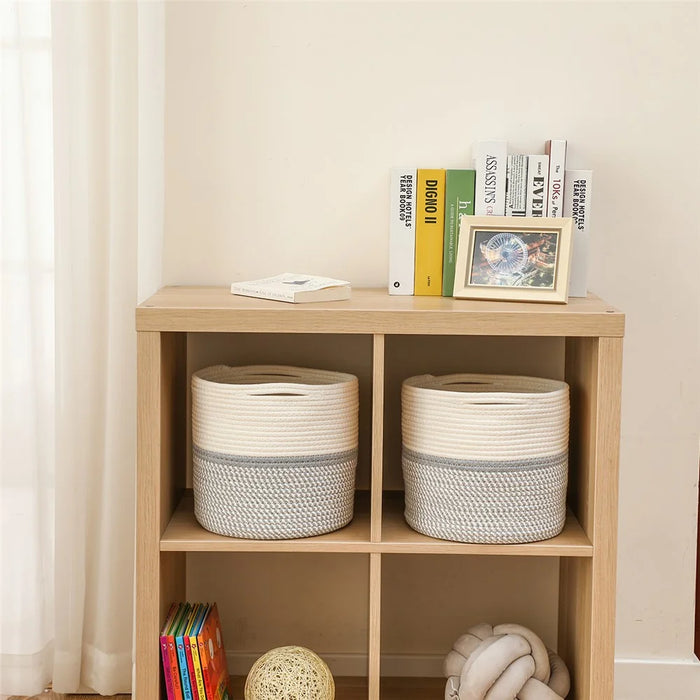AB-005 Woven Cotton Rope Basket Baby Laundry Basket Toy Storage Blanket Storage Bin Nursery Storage Box - Light Grey - 3