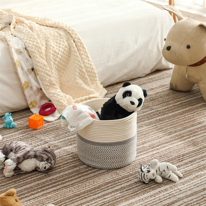 AB-005 Woven Cotton Rope Basket Baby Laundry Basket Toy Storage Blanket Storage Bin Nursery Storage Box - Light Grey - 4