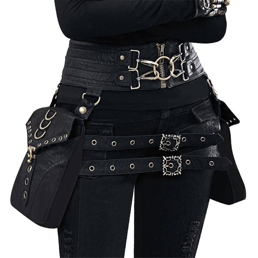 FBG003BK Crossover Waist Bag Fanny Pack PU Leather Leg Hip Pouch Casual Daypack Cosplay Costume Belt Purse - 3