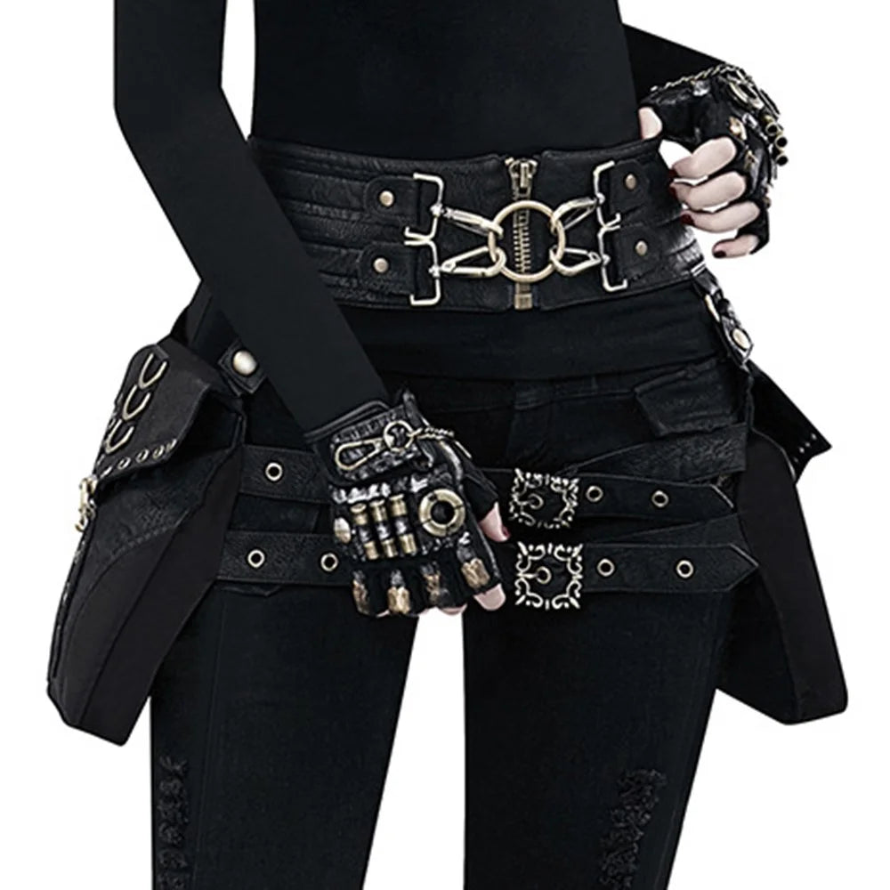 FBG003BK Crossover Waist Bag Fanny Pack PU Leather Leg Hip Pouch Casual Daypack Cosplay Costume Belt Purse - 6