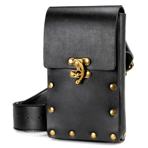 BG018 Retro PU Leather Waist Bag Belt Waist Pack Cell Phone Holster Pouch Rivet Decor Daypack - Black - 1