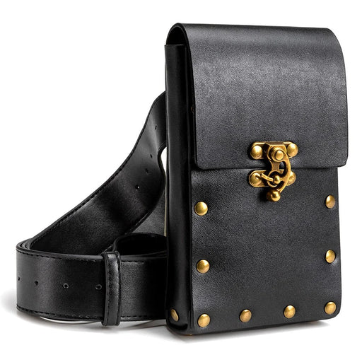 BG018 Retro PU Leather Waist Bag Belt Waist Pack Cell Phone Holster Pouch Rivet Decor Daypack - Black - 2