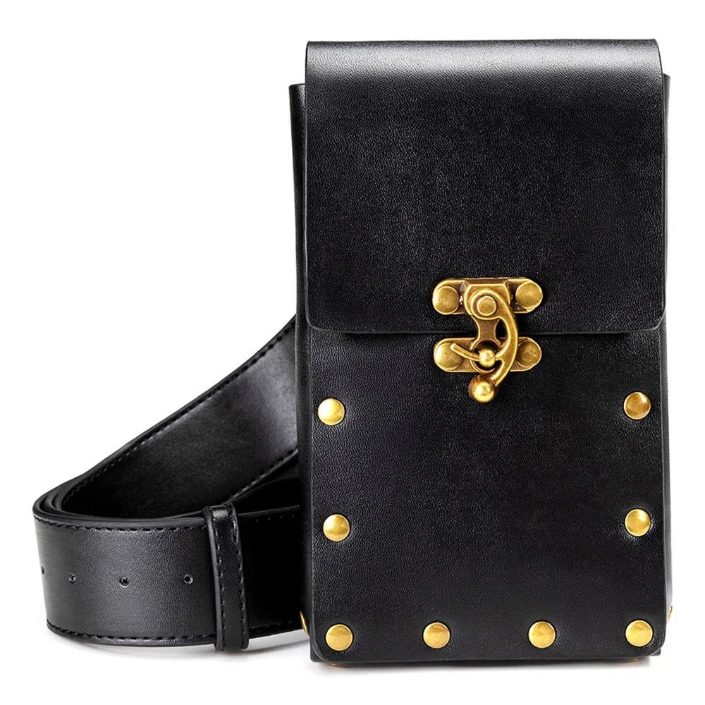 BG018 Retro PU Leather Waist Bag Belt Waist Pack Cell Phone Holster Pouch Rivet Decor Daypack - Black - 3