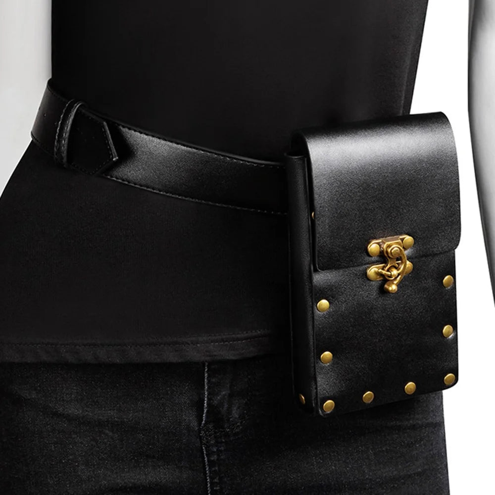 BG018 Retro PU Leather Waist Bag Belt Waist Pack Cell Phone Holster Pouch Rivet Decor Daypack - Black - 4