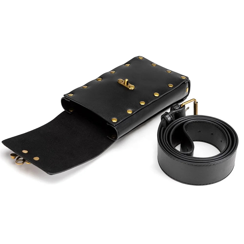 BG018 Retro PU Leather Waist Bag Belt Waist Pack Cell Phone Holster Pouch Rivet Decor Daypack - Black - 5