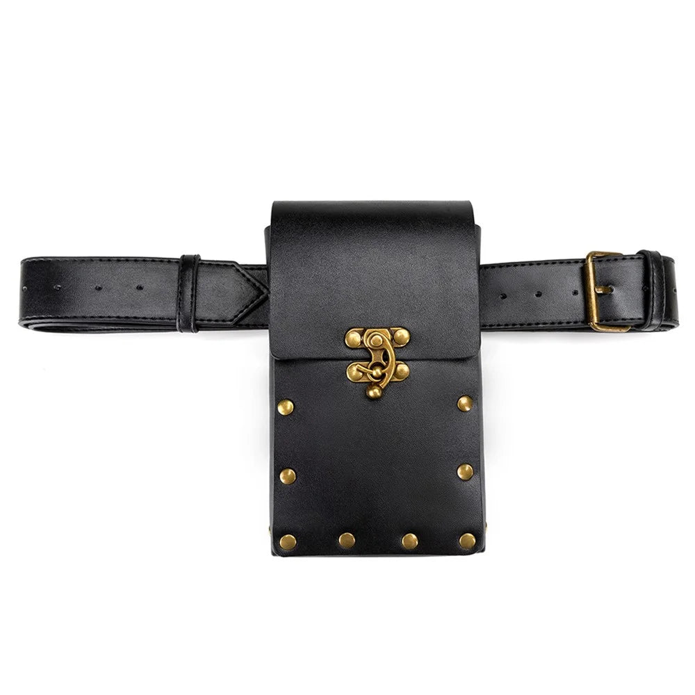 BG018 Retro PU Leather Waist Bag Belt Waist Pack Cell Phone Holster Pouch Rivet Decor Daypack - Black - 6