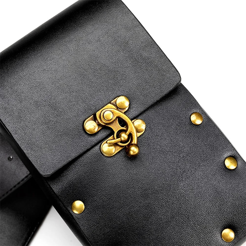 BG018 Retro PU Leather Waist Bag Belt Waist Pack Cell Phone Holster Pouch Rivet Decor Daypack - Black - 7